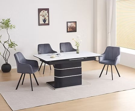 Tervano 7-Piece Dinette Set – Snowy White Marble Extension Table with Grey Velvet Swivel Chairs (Copy)