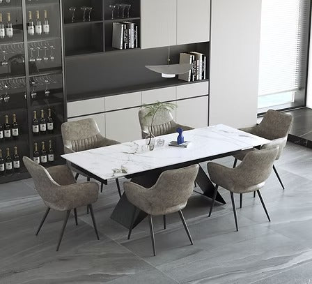 Velnaro 7-Piece Dinette Set – Sintered Stone Chanel Marble Extension Table with X-Shape Black Steel Base & Mushroom PU Armrest Chairs