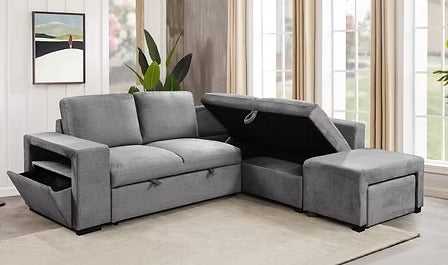 Velquion Convertible Sofa Bed Sectional – Right-Hand Facing Chaise Sleeper Sofa with Lift-Up Storage, Floating Ottoman Set and Soft Grey Fabric Upholstery