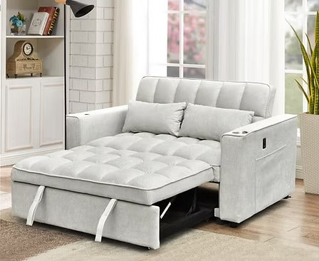 Arquelio Convertible Sofa Bed Sectional – Adjustable Backrest Sleeper Sofa with USB Charging Station, Cup Holders, Side Storage Pocket and Silver Grey Fabric Upholstery
