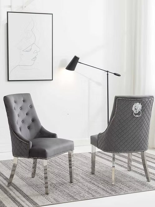 Zenvoro 2-Piece Luxury Grey Velvet Dining Chair Set with Chrome Lion Knocker, Diamond Quilted Back & Polished Chrome Finish