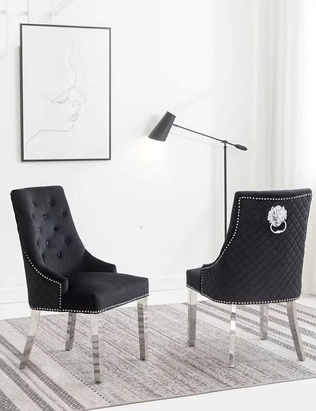 Zenvoro 2-Piece Luxury Dining Chair Set – Black Velvet Chrome Lion Knocker Dining Chairs with Diamond Quilted Back & Button Tufted Design
