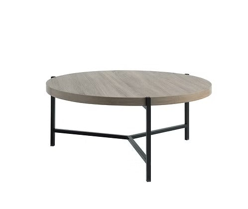 Novarix Modern Round Coffee Table – Contemporary Warm Grey Wood-Look Top with Black Metal Open Frame Base