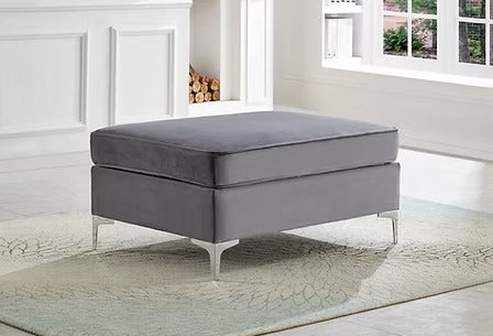 Zenviora Sofa Sectional – Grey Velvet Reversible Sofa with Deep Tufting, Nailhead Details, Chrome Legs &amp; Accent Pillows (With Ottoman)
