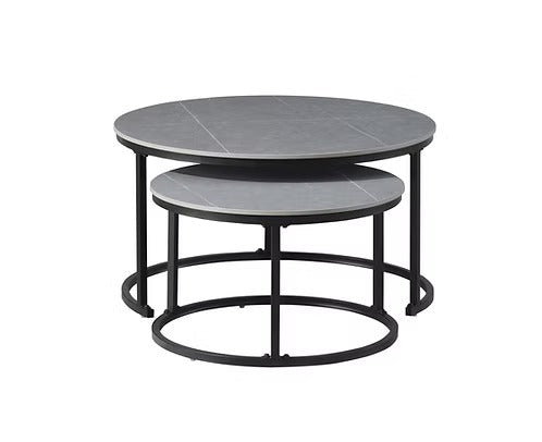 Alvireo Set of 2 Coffee Tables – Modern Sintered Stone Armani Marble Top with Black Steel Base