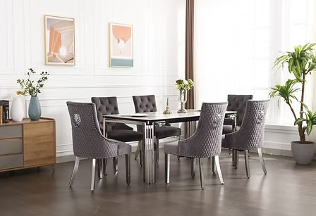 Armelia 7-Piece Dining Set – Ceramic Marble Table with Grey Velvet Lion Knocker Chairs