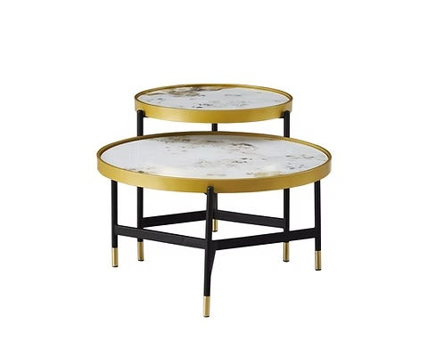 Alvireo Set of 2 Coffee Tables – Modern Sintered Stone Pandora Marble Top with Black &amp; Gold Steel Base