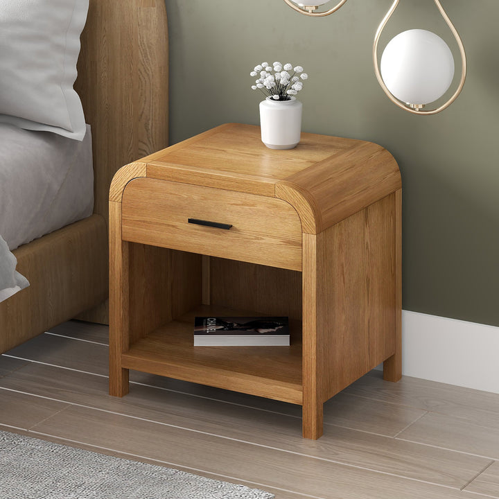 Caldor Night Table – Natural Rubberwood & Oak Veneer with Full-Extension Storage Drawer, Open Shelf & Built-In USB-A, USB-C Charging Station for Modern Bedrooms