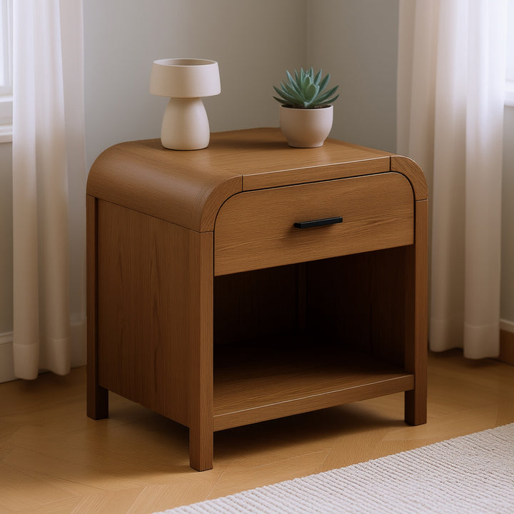 Caldor Night Table – Walnut Rubberwood And Oak Veneer with Full-Extension Storage Drawer, Open Shelf &amp; Built-In USB-A, USB-C Charging Station