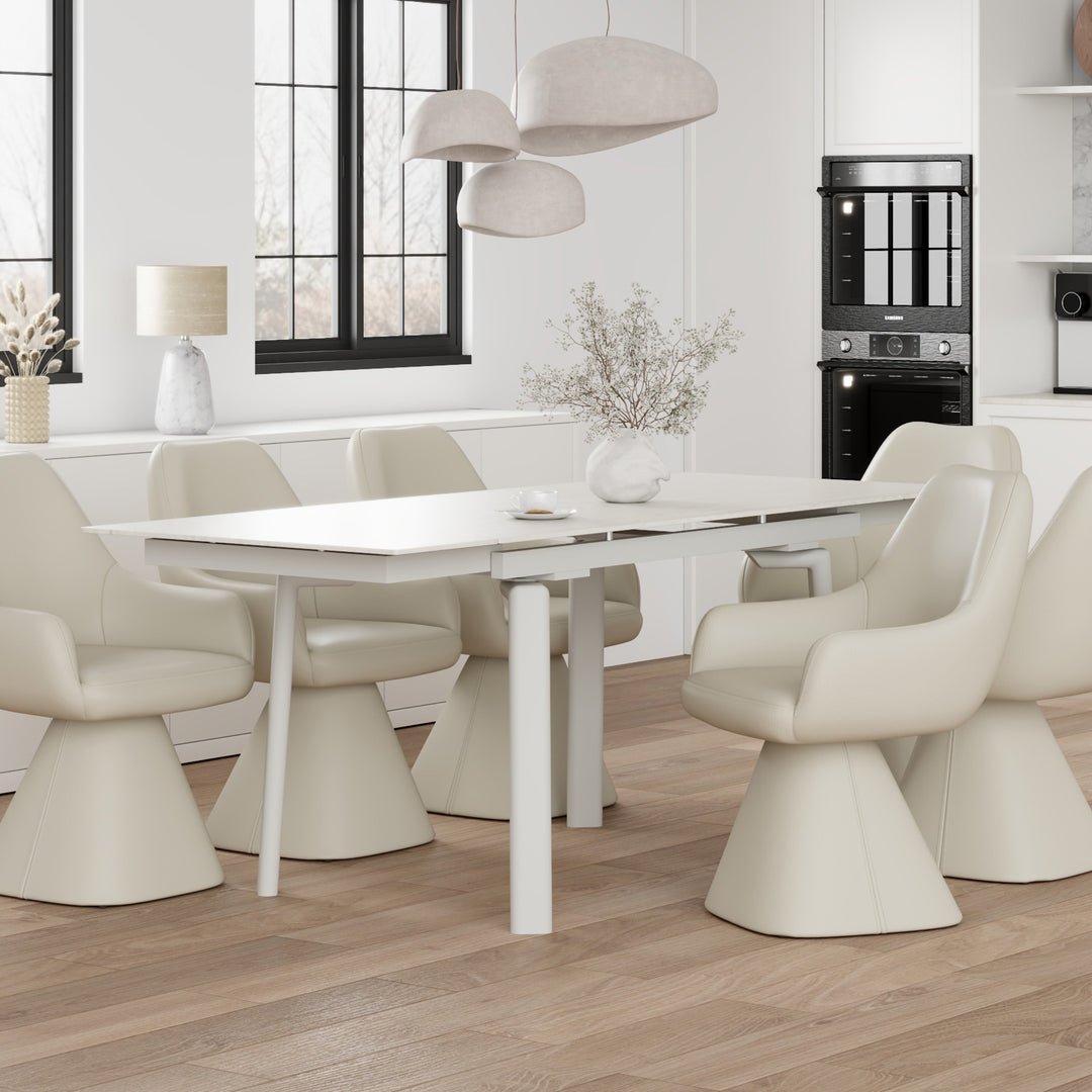 Arden Peak Contemporary Extendable Dining Table – Travertine Sintered Stone Top with Double Extension Leaves, Cream Metal Frame and Modern Dining Room Design