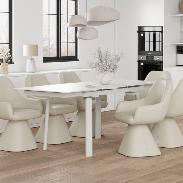 Arden Peak Contemporary Extendable Dining Table – Travertine Sintered Stone Top with Double Extension Leaves, Cream Metal Frame and Modern Dining Room Design