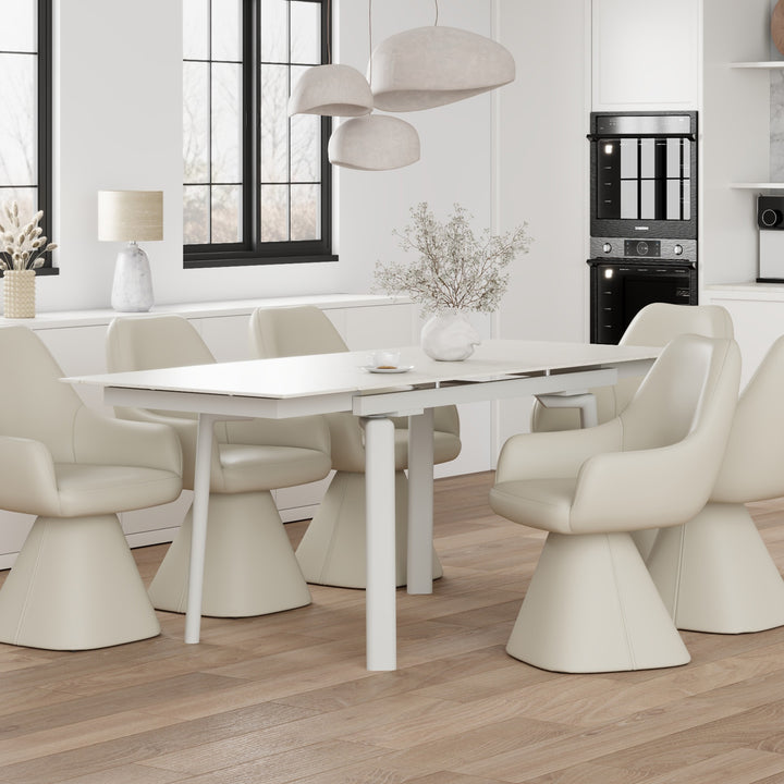 Arden Peak Contemporary Extendable Dining Table – Travertine Sintered Stone Top with Double Extension Leaves, Cream Metal Frame and Modern Dining Room Design