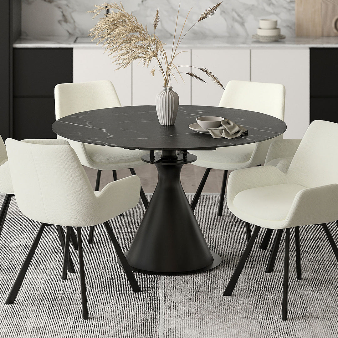 Virelle Extension Dining Table – Premium Black Sintered Stone Top with One-Handed Rotating Extension Mechanism & Black Metal Pedestal Base for Modern Dining Spaces