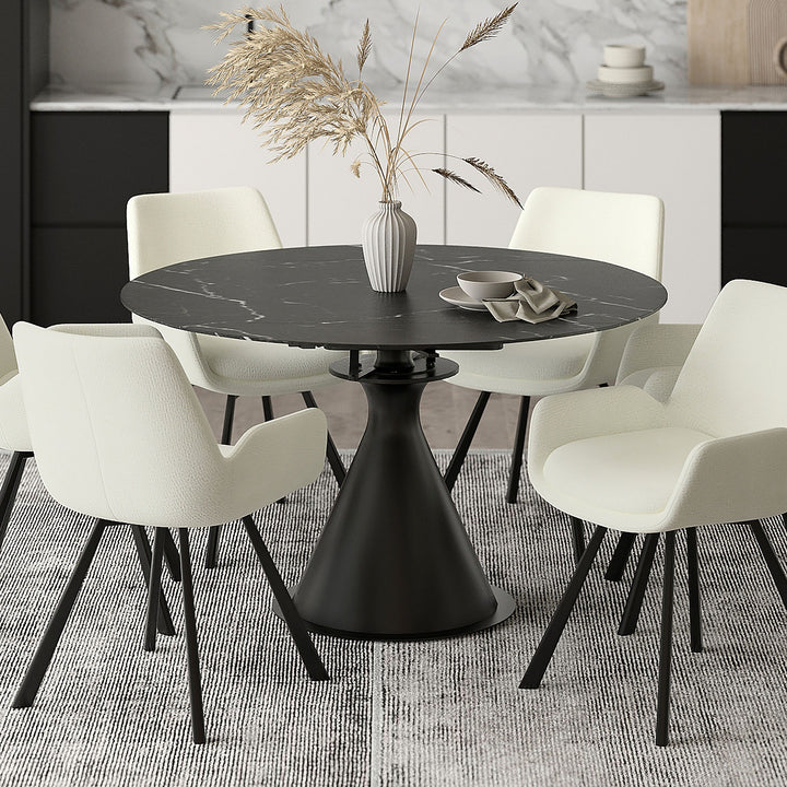 Virelle Extension Dining Table – Premium Black Sintered Stone Top with One-Handed Rotating Extension Mechanism & Black Metal Pedestal Base for Modern Dining Spaces