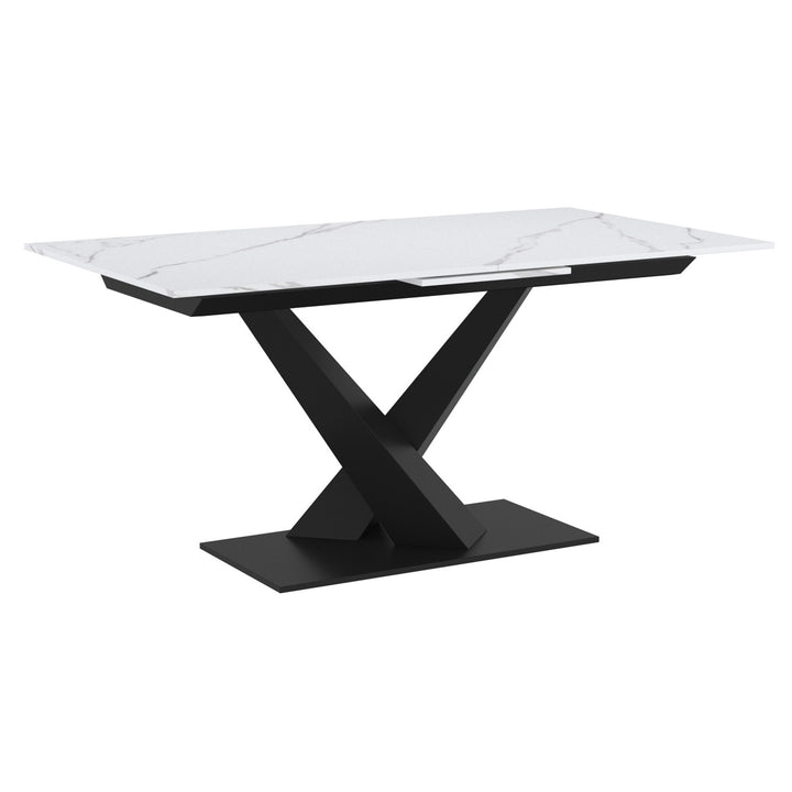 Eldoria Contemporary Extendable Dining Table – Sintered Stone Top with Geometric Black Metal Pedestal Base