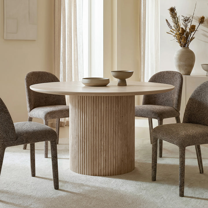 Elvaron Modern Round Pedestal Dining Table – 47.25" Sintered Stone Travertine Top with Fluted Stone-Look Base, Engineered Wood Structure and Scratch & Heat Resistant Finish