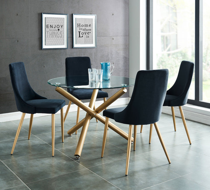 Bravion Contemporary Round Dining Table – 40" Clear Tempered Glass Top with Brushed Stainless Steel Accent, Aged Gold Crossover Metal Base and Modern Design Dining Table