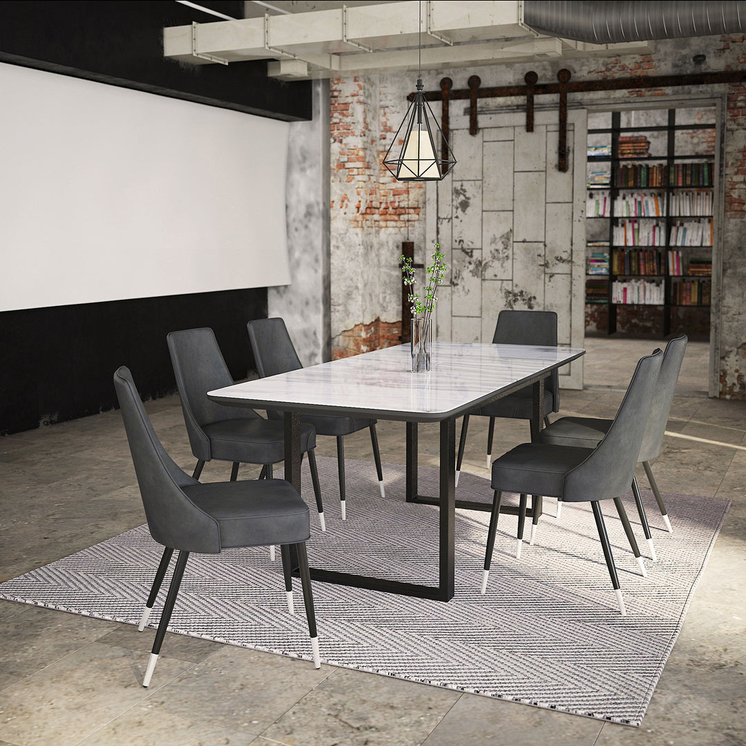 Lumerra Extendable Dining Table – Marble Glass Top, Black Metal Legs