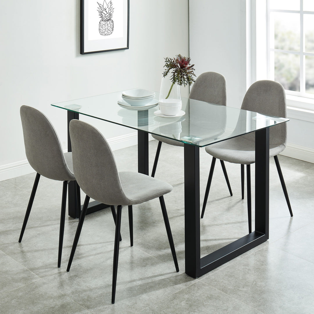 Alvara Contemporary Glass Dining Table – Rectangular 8mm Tempered Glass Top with Black Metal Legs and Brushed Stainless Steel Holders Compact Modern Dining Table