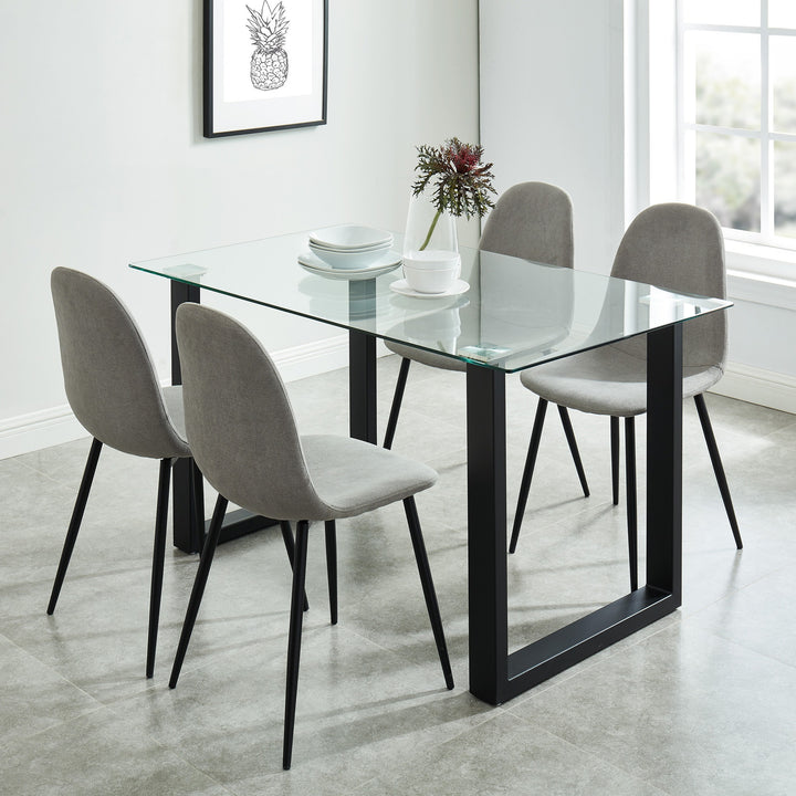 Alvara Contemporary Glass Dining Table – Rectangular 8mm Tempered Glass Top with Black Metal Legs and Brushed Stainless Steel Holders Compact Modern Dining Table