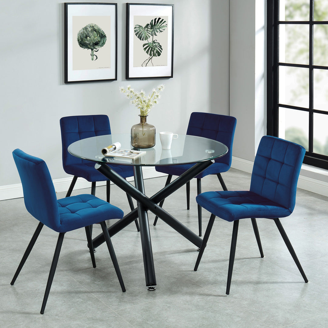 Sorran Contemporary Round Dining Table – Clear Tempered Glass Top with Brushed Stainless Steel Accent, Matte Black Crossover Metal Base and Modern Design Dining Table