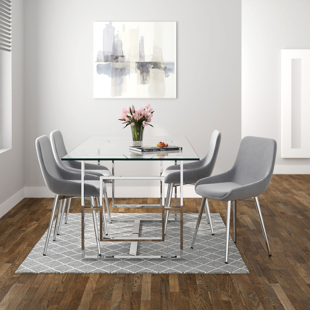 Kenvor Contemporary Glass Dining Table – 71" Rectangular 12mm Tempered Glass Top with Geometric Lattice Stainless Steel Frame and Polished Silver Finish Modern Dining Table