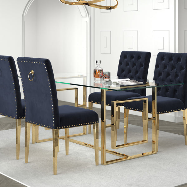 Arvello Contemporary Glass Dining Table – Rectangular Tempered Glass Top with Geometric Lattice Stainless Steel Frame and Polished Gold Finish Modern Luxury Dining Table