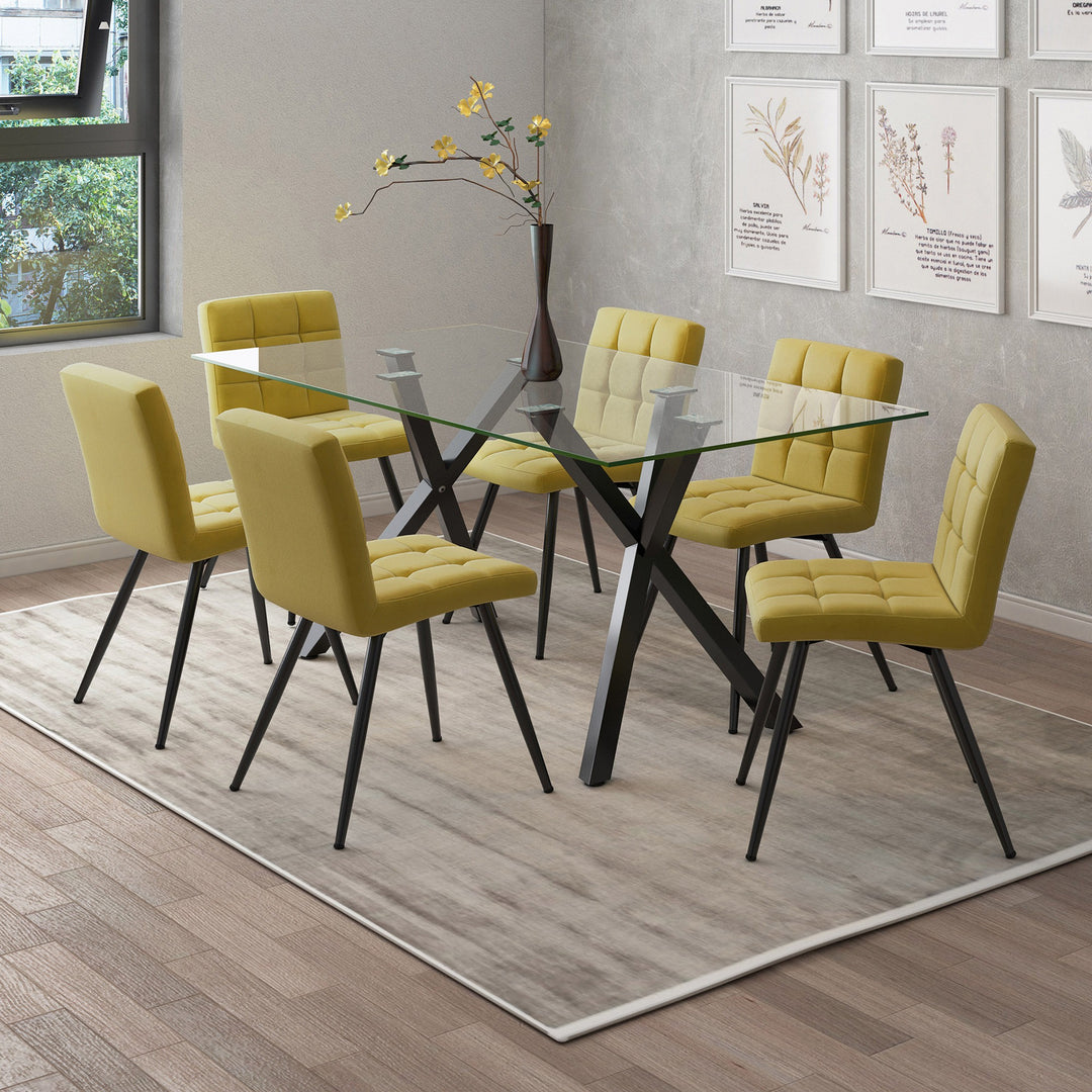 Eldora Contemporary Glass Dining Table – Rectangular Tempered Glass Top with Matte Black Metal Legs, Brushed Stainless Steel Holders and Geometric Modern Design Dining Table