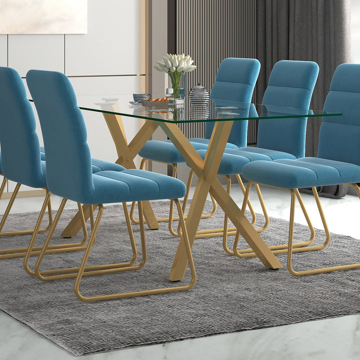 Ravello Contemporary Glass Dining Table – Rectangular Tempered Glass Top with Aged Gold Metal Legs, Brushed Stainless Steel Holders and Geometric Modern Design Dining Table