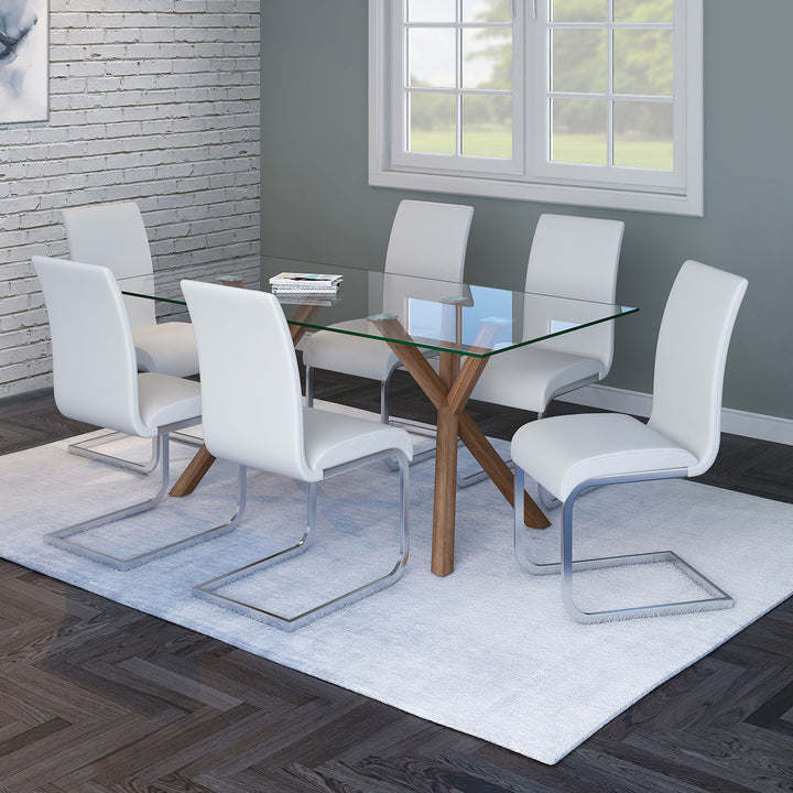 Aeris Contemporary Glass Dining Table – Rectangular Tempered Glass Top with Walnut Finish Metal Legs, Brushed Stainless Steel Holders and Geometric Modern Design Dining Table