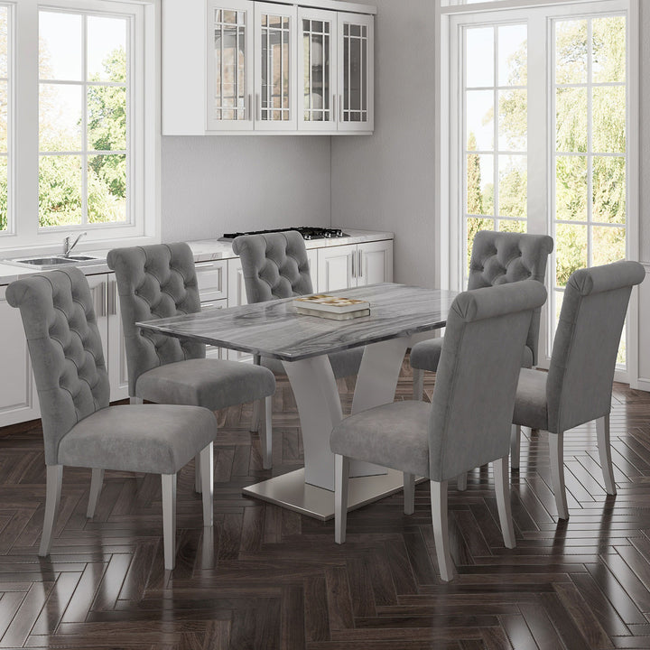 Casavon Modern Dining Table – Rectangular Faux Marble Laminated Veneer Top with Geometric Grey Posts and Stainless Steel Wrapped Engineered Wood Base Dining Table