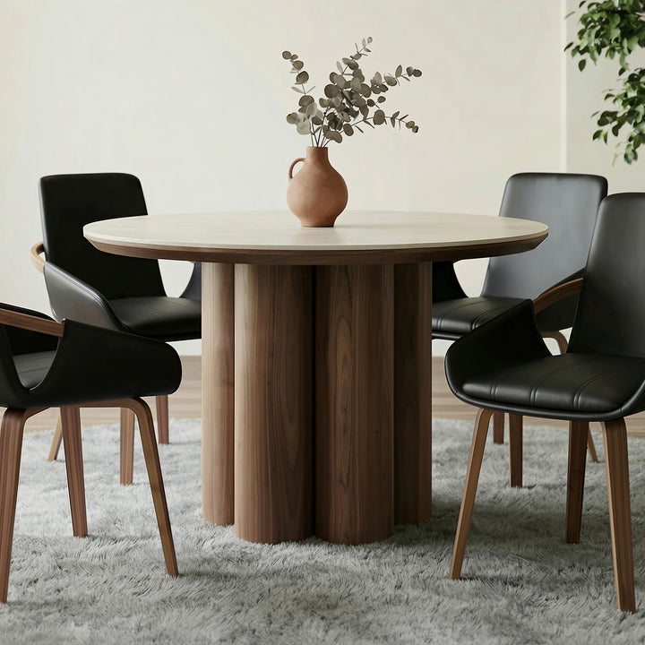 Orlancia Mid-Century Modern Round Dining Table – Sintered Stone Travertine Top with Walnut Veneer Pedestal Base and Beveled Edge Dining Table