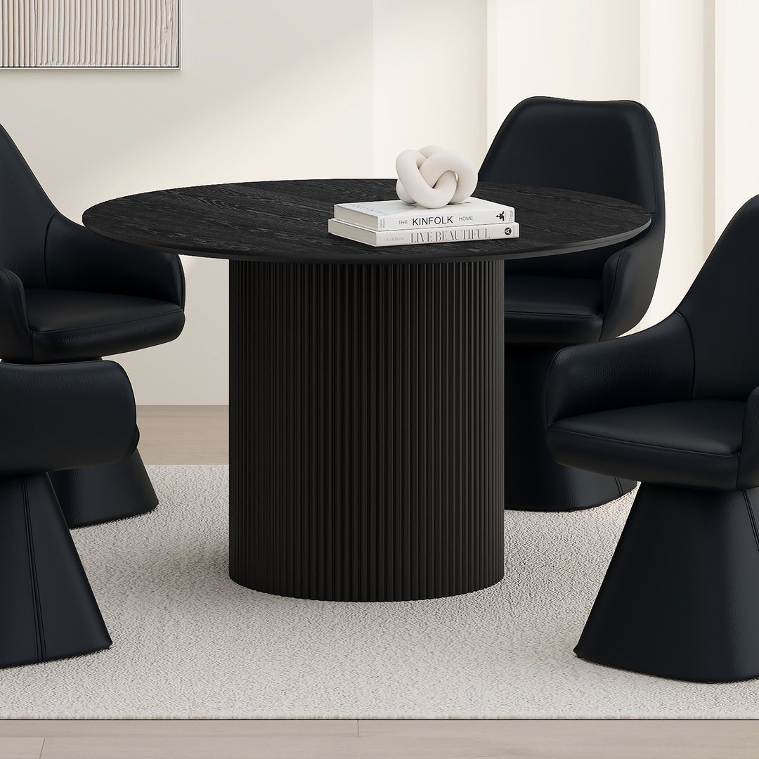Vensaro Mid-Century Modern Round Dining Table – Engineered Wood Oak Veneer Top with Wide Reeded Pedestal Base and Reverse Bevel Wood Grain Finish Dining Table