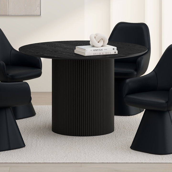Vensaro Mid-Century Modern Round Dining Table – Engineered Wood Oak Veneer Top with Wide Reeded Pedestal Base and Reverse Bevel Wood Grain Finish Dining Table