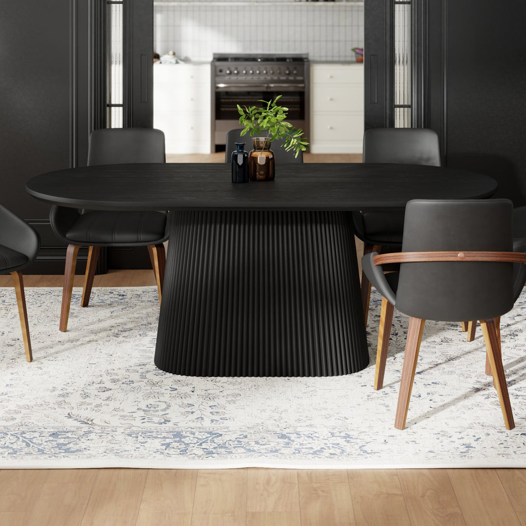 Bellavik Mid-Century Modern Ellipse Dining Table – Engineered Wood Oak Veneer Top with Wide Reeded Pedestal Base and Reverse Bevel Wood Grain Finish Dining Table