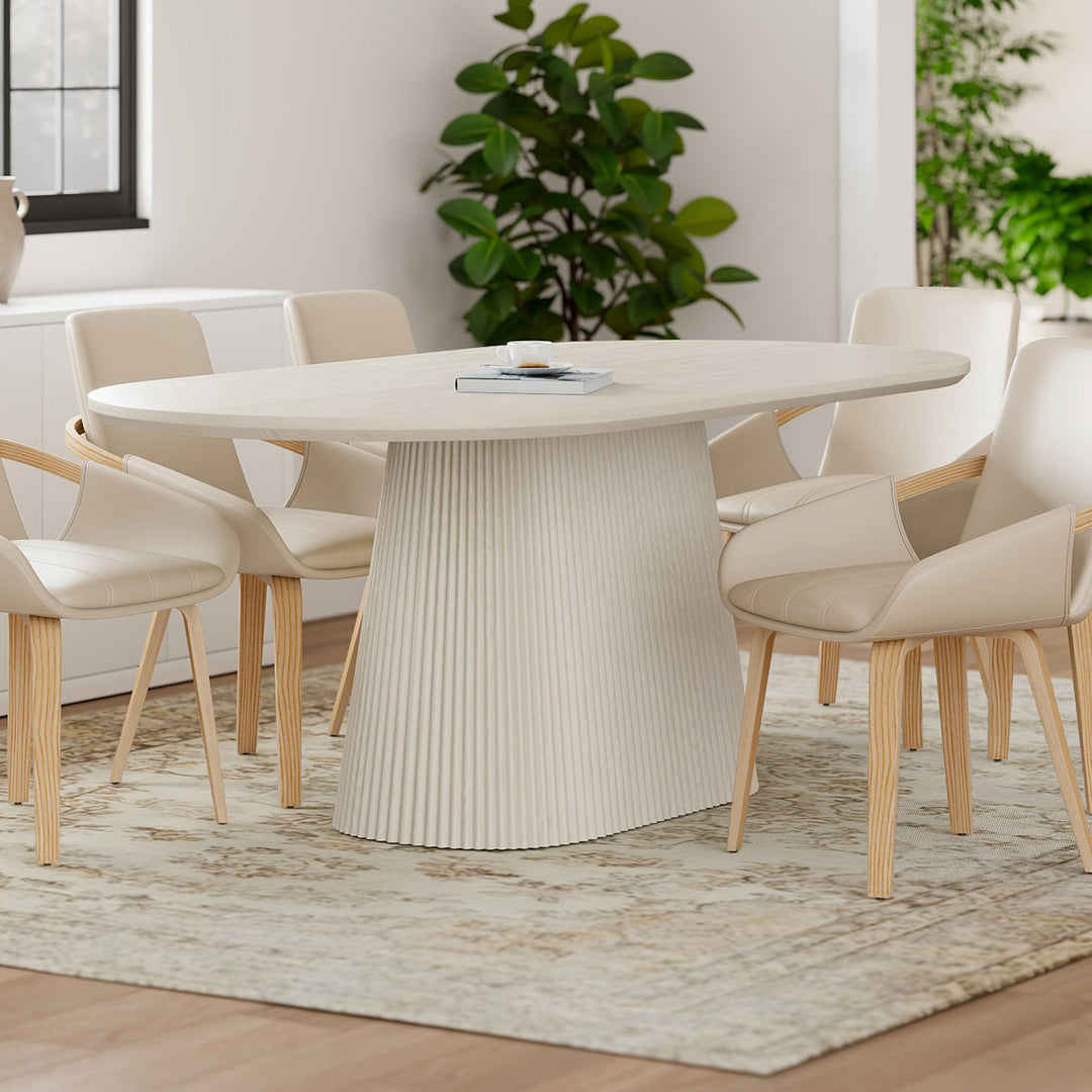 Crestora Mid-Century Modern Oval Dining Table – Engineered Wood Oak Veneer Top with Wide Reeded Pedestal Base and Reverse Bevel Wood Grain Finish Dining Table