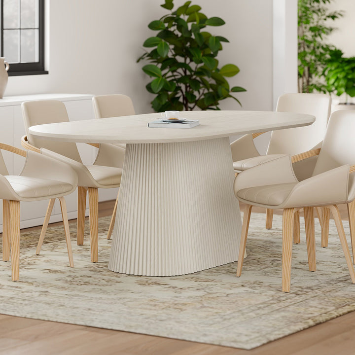 Crestora Mid-Century Modern Oval Dining Table – Engineered Wood Oak Veneer Top with Wide Reeded Pedestal Base and Reverse Bevel Wood Grain Finish Dining Table