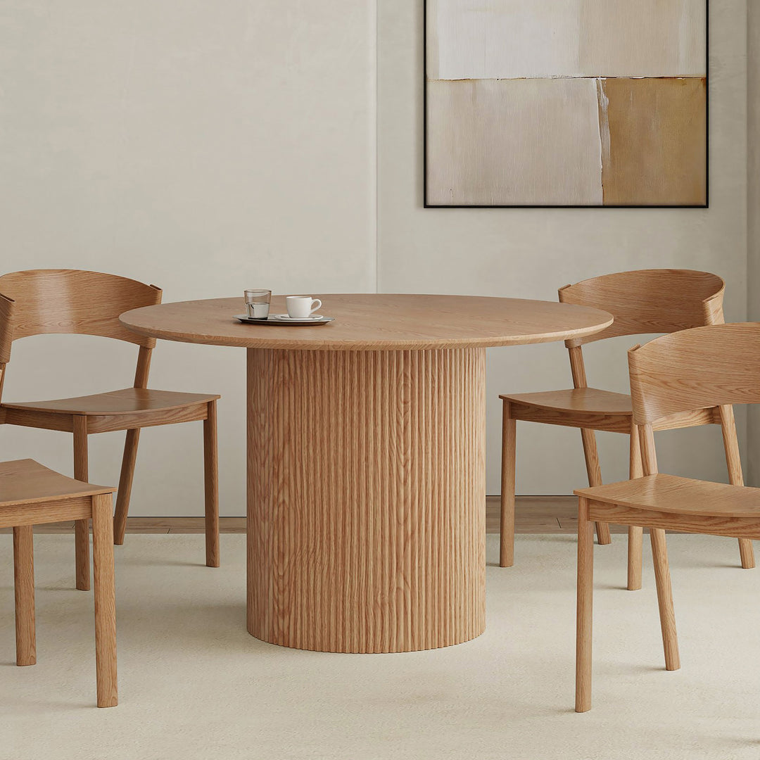 Velmora Mid-Century Modern Round Dining Table – Engineered Wood Oak Veneer Top with Reeded Pedestal Base and Reverse Bevel Wood Grain Finish Dining Table