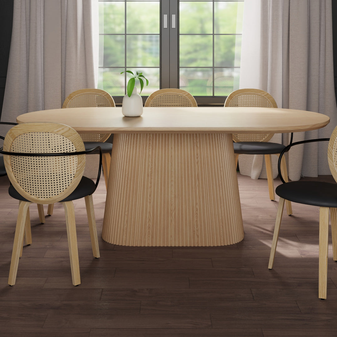 Bravion Mid-Century Modern Oval Dining Table – Engineered Wood Oak Veneer Top with Wide Reeded Pedestal Base and Reverse Bevel Wood Grain Finish Dining Table