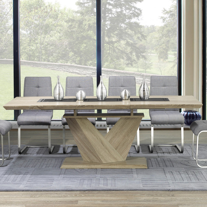 Eldora Contemporary Extendable Dining Table – Washed Oak Wood Grain Top with Butterfly Extension, Double Prism Pedestal Base and Modern Dining Design