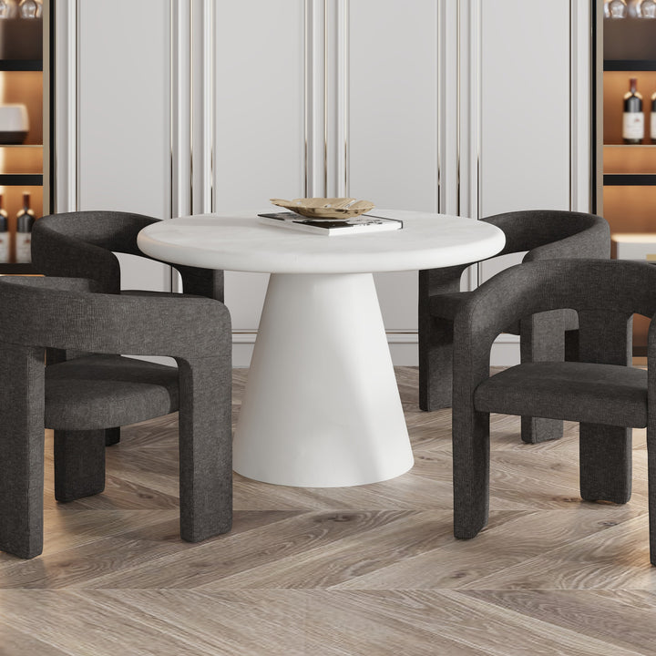 Kenvor Contemporary Round Dining Table – White Cement Finish Table with Thick Rounded Edge Top and Cone Pedestal Base Modern Dining Table