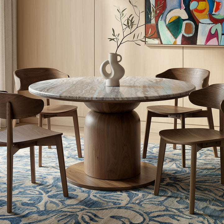 Norlix Mid-Century Modern Round Dining Table – Solid Mango Wood Table with Fantasy Brown Marble Top and Walnut Finish Pedestal Base