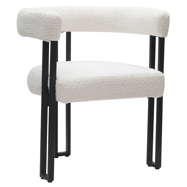 Varese Contemporary Dining Side Chair with Soft Boucle Fabric Upholstery in White, Black Metal Frame Anf Legs – Set of 2