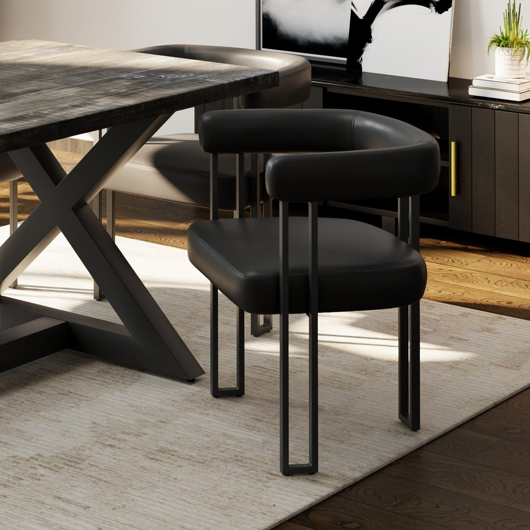 Avenza Dining Side Chair – Set of 2 Contemporary Matte Black Faux Leather Upholstered Chairs with Black Metal Frame
