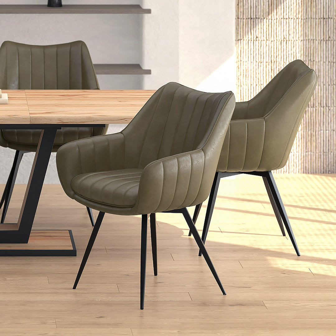 Nordelle Contemporary Dining & Accent Chair – Set of 2 Swivel Seat Vintage Faux Leather Upholstered Chairs with Black Metal A-Line Legs