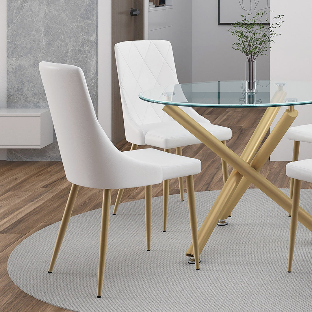 Merano Contemporary Dining And Lounge Chair, White Faux Leather Upholstery with Aged Gold Finish (Set of 2)