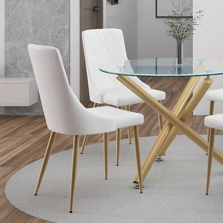 Merano Contemporary Dining And Lounge Chair, White Faux Leather Upholstery with Aged Gold Finish (Set of 2)