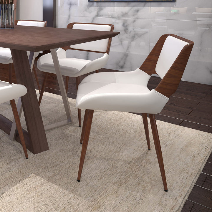 Modena Mid-Century Modern Dining/Lounge Chair, White Faux Leather Upholstery with Walnut Finish
