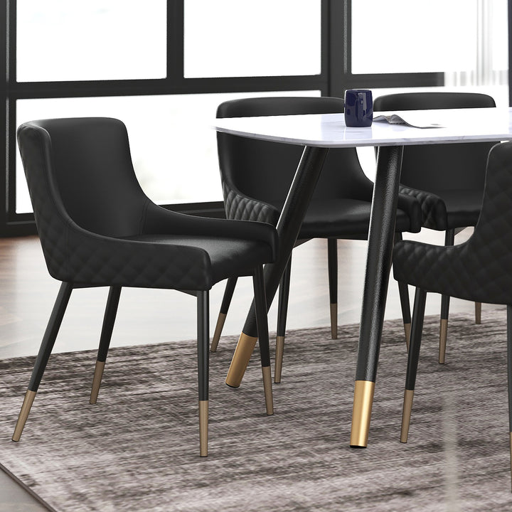 Caverro Modern Dining Chair – Set of 2 Faux Leather Upholstered Chairs with Diamond Stitching and Gold-Dipped Black Metal Legs