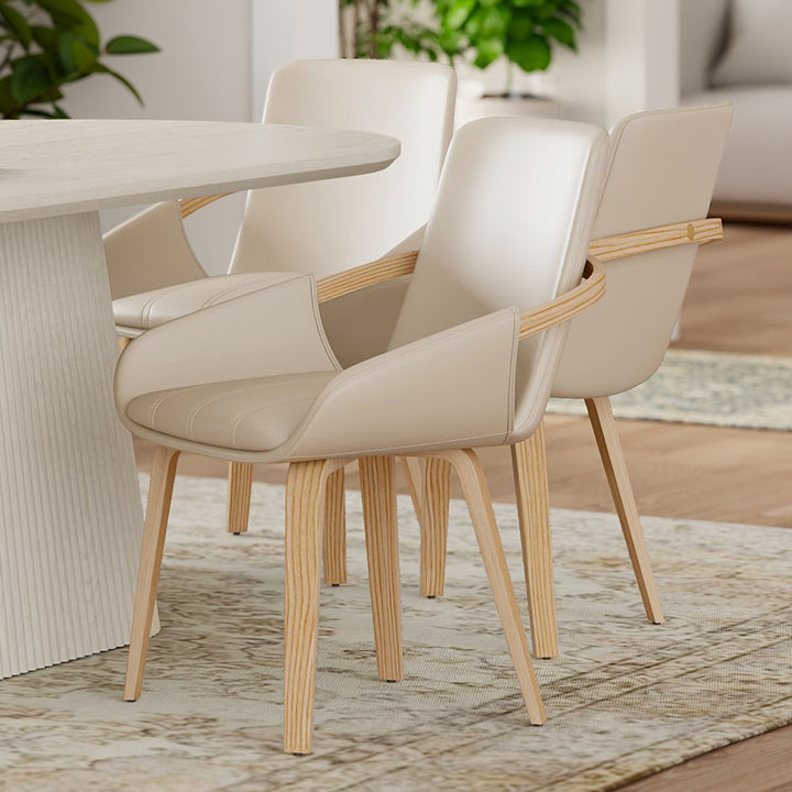 Altessa Mid-Century Modern Dining/Lounge Chair, Sand Faux Leather Upholstery with Natural Oak Finish (Set of 2)